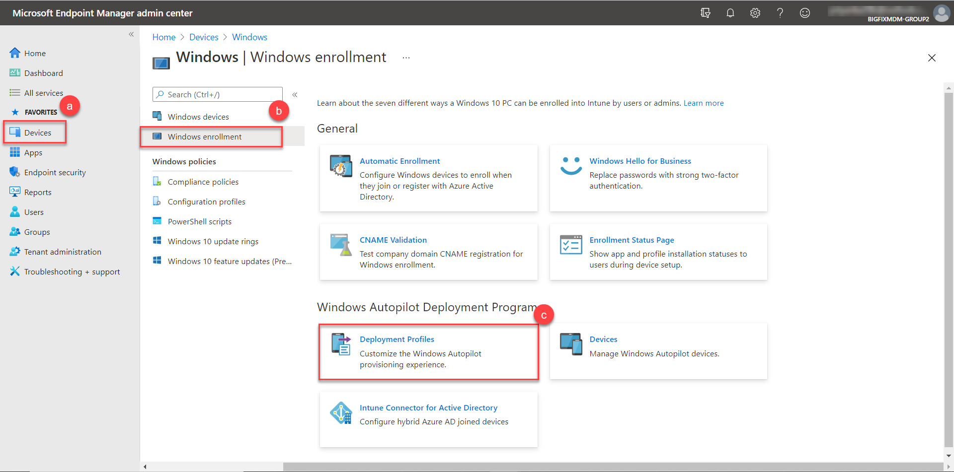 BigFix Wiki Configure Autopilot deployment profile